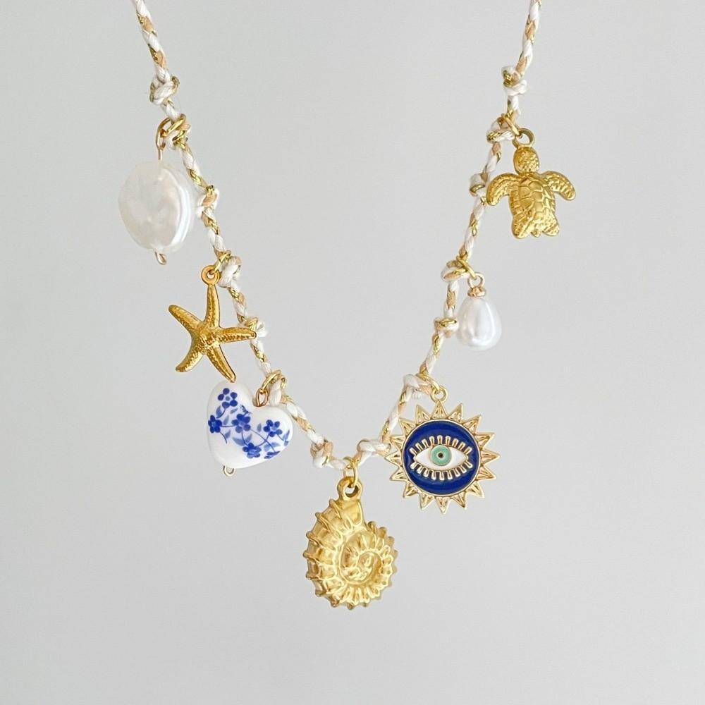 Turtle Knotting Rope Chain Necklace Boho Charm Pearl Pendant Necklace Seashell Choker  Gifts