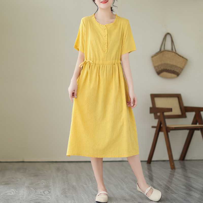 

Летнее жаккардовое платье Vintage Art Solid Color Wood Ear Oyle Short Sleeves MIDI Skirt 2XL жёлтый