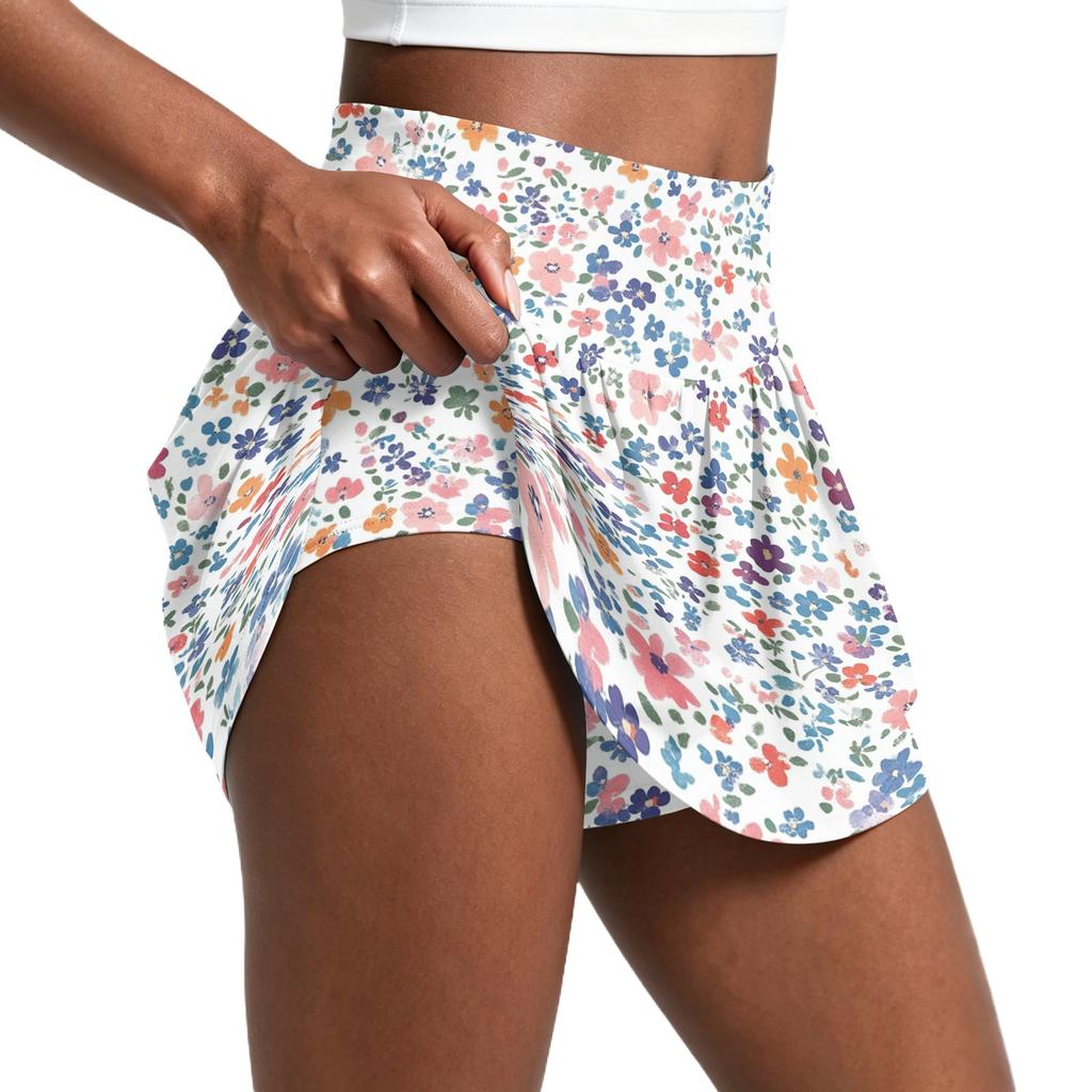 Damen Faltenrock mit Blumenmuster und integriertem Hosenrock Sportlicher Tennis-Skort zum Laufen, Yoga, Fitness, Freizeit