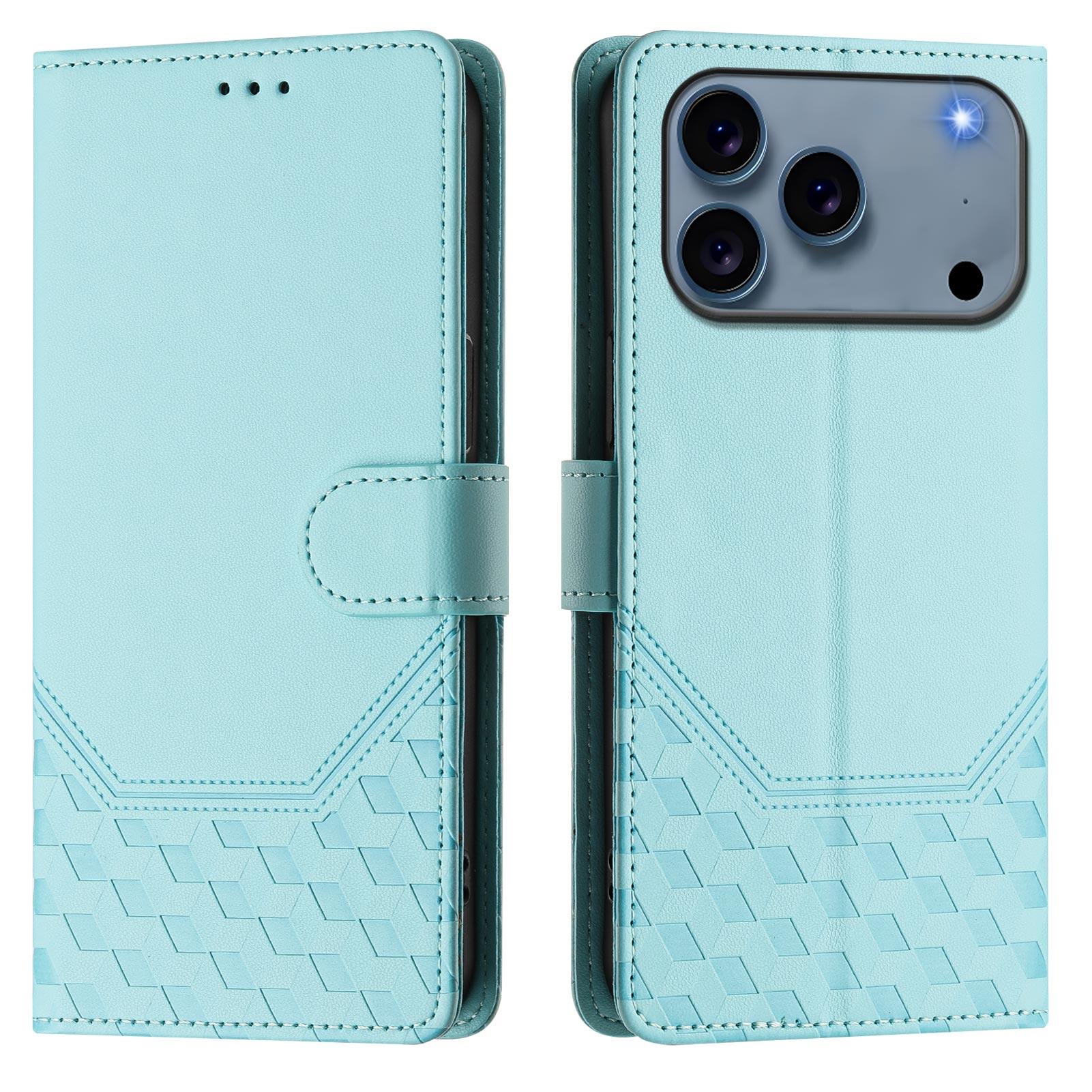 

For iPhone 17 Pro Max Case Imprinted Honeycomb RFID Blocking Leather Phone Cover with Strap Mint Green