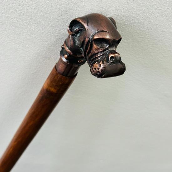 Walking Stick Vintage Designer Aluminum  Bulldog Face Handle Victorian Wooden Cane London Seller