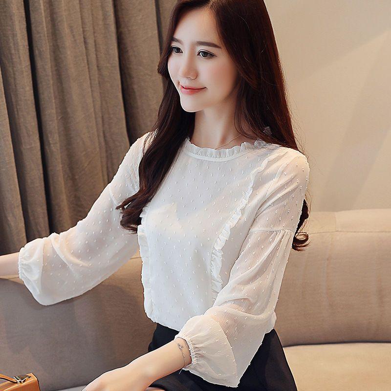 Chiffon Top Women's Spring Outfit Lantern Sleeves Loose Chiffon Small Shirt Long Sleeved Base Shirt
