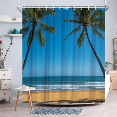 1pc Tropical Beach Scene Shower Curtain - Polyester, Machine Washable, 70.86x70.86in, 12 Hooks, Tranquil Palm Trees & Ocean View