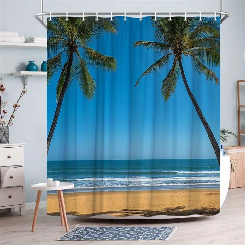 1pc Tropical Beach Scene Shower Curtain - Polyester, Machine Washable, 70.86x70.86in, 12 Hooks, Tranquil Palm Trees & Ocean View