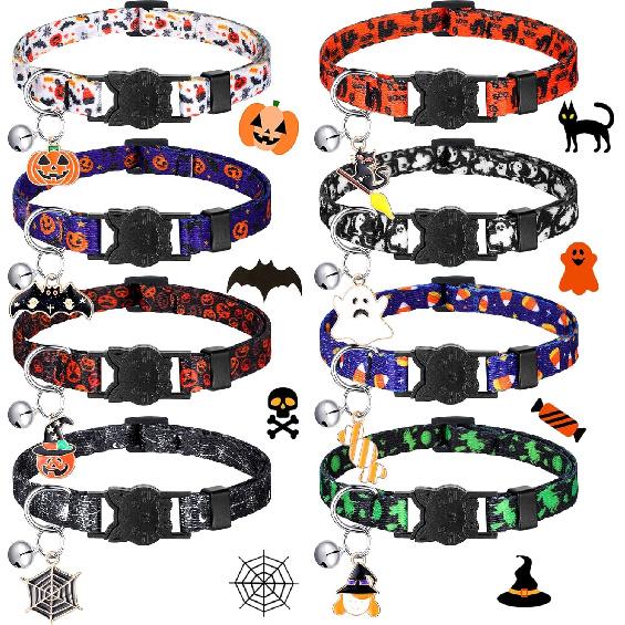 Sanwuta 8 Pcs Halloween Cat Collar Breakaway with Bell Cute Adjustable Kitten Halloween Collars with Pendant Pumpkin Ghost Breakaway Kitten Collar