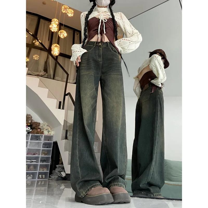 Cement Gray Wide-leg Jeans Women's Spring New High-waisted Loose Niche Design Thin Versatile Straight-leg Pants