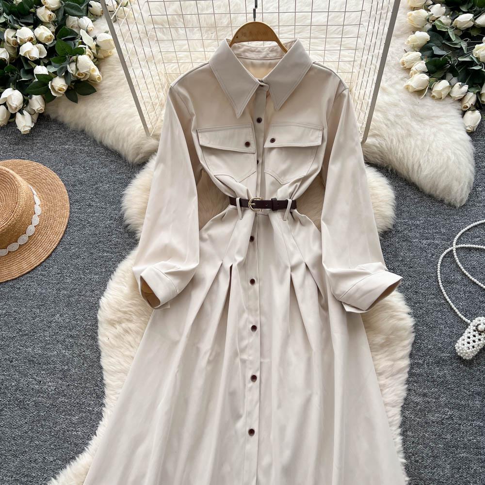 French Light Maturity Minimalist Retro Lapel Long Sleeve Single Button Waist Cinching Dress Women Autumn Slim Fit Elegant Maxi Dresses