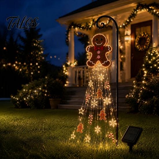 Outdoor Gingerbread Man Lights Solar Garden Light, Waterproof Yard Light with Warm Christmas Stakes Waterfall LED, Pathway Stake Lamp for Lawn