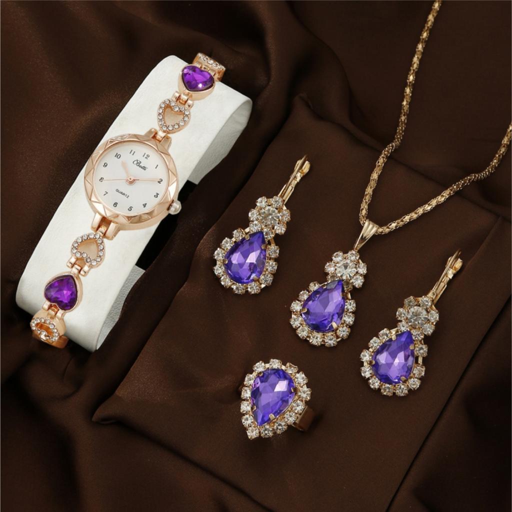 Women Quartz Watch Rhinestone Necklace Earrings Ring Watches Wristwatch