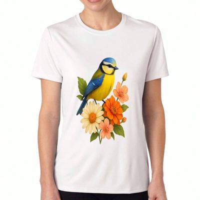 Bluebird With Floral Accent Unisex's Cotton T Shirt, Premium Cotton Quality Print, Durable And Longlasting, Casual Fashion,Featuring A Cheerful Bird A