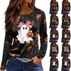 Women's Fashion Long Sleeve Top with Halloween Print and Side Slits, Round Neck
