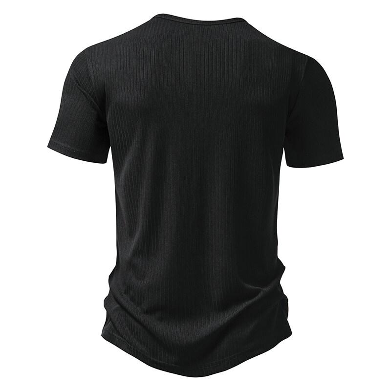 Summer European and American Casual Men's Short Sleeved T-shirt Button Henry Neck Pit Striped T Shirts Male Solid Color Top Tees