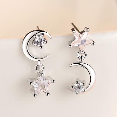 Boucles d'oreilles à clous d'oreilles en forme d'étoile à cinq branches, style coréen, style exagéré, plaqué argent, tendance, lune, zircone cubique
