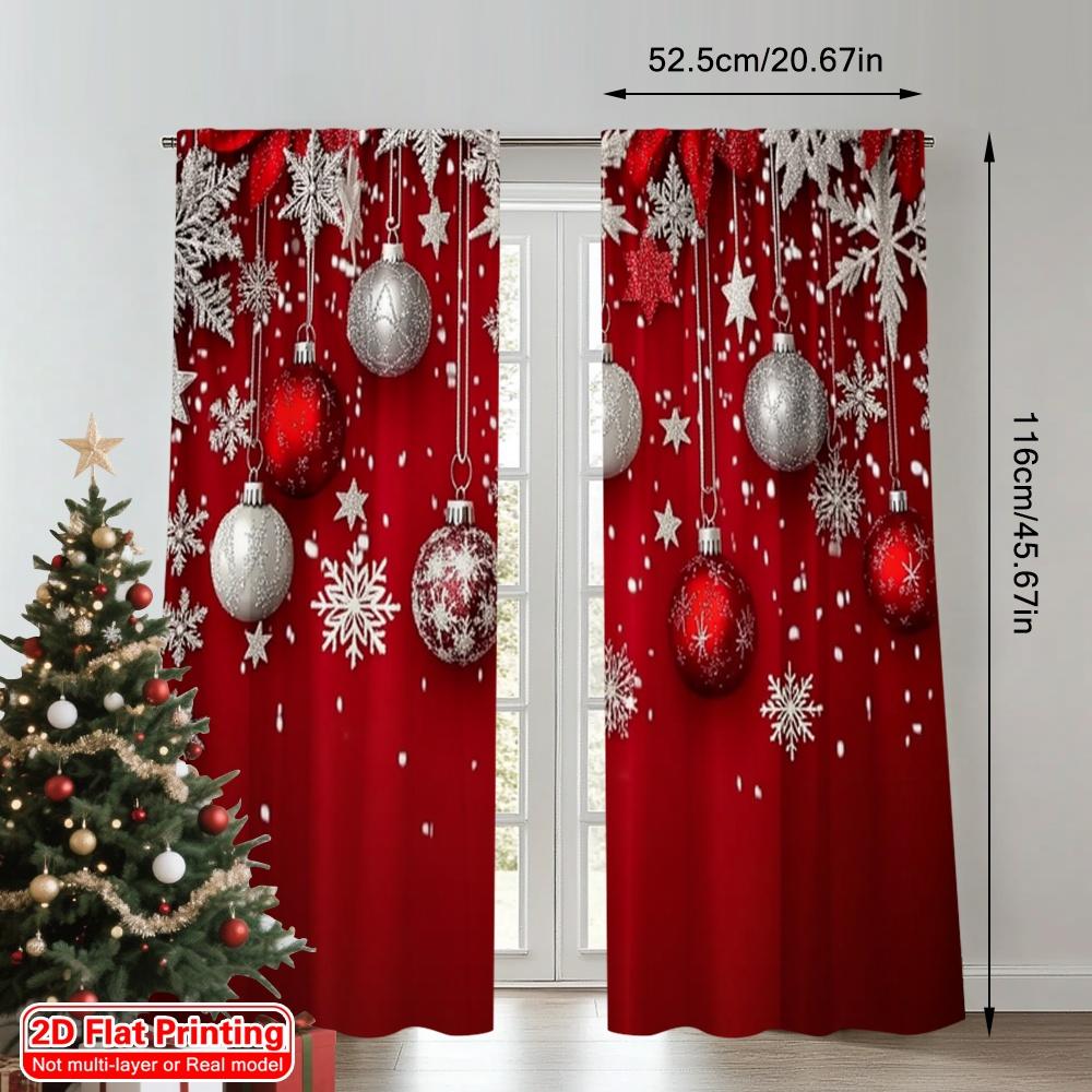 2D Flat Printing 2pcs Merry Christmas Scene Curtains Happy Christmas Silver Snowflakes_ Versatile Durable Polyester Without