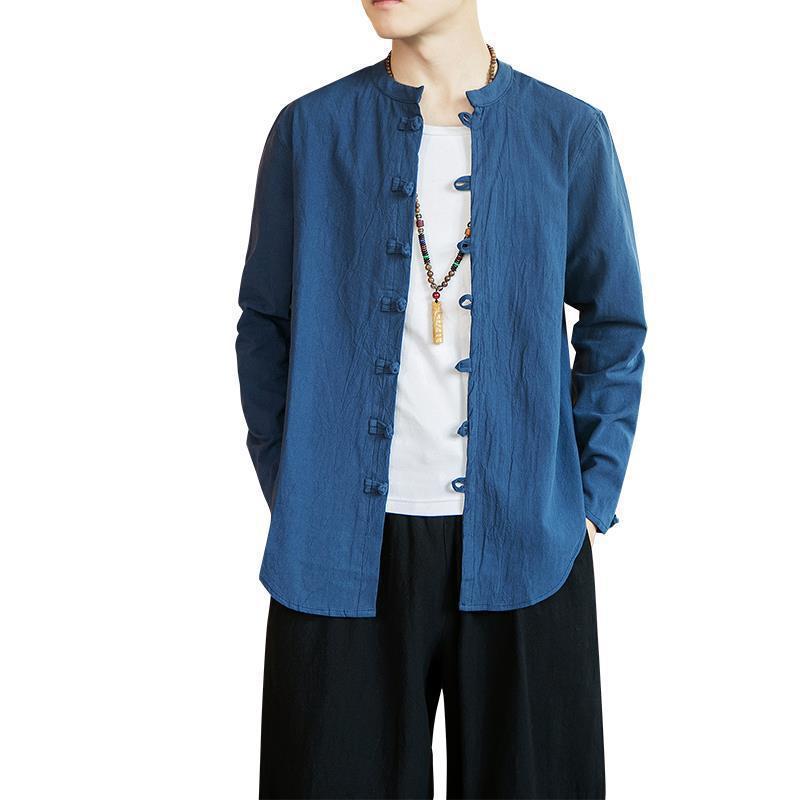 Men’s Chinese Style Long-Sleeve Linen Tang Suit Shirt and Jacket