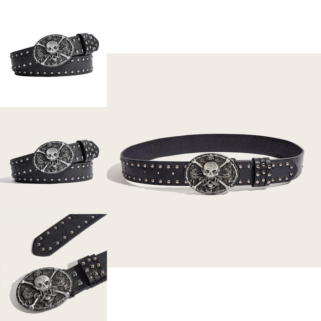 Punk Skull Leather Belt For Men With Metal Snap Closure For Casual Streetwear