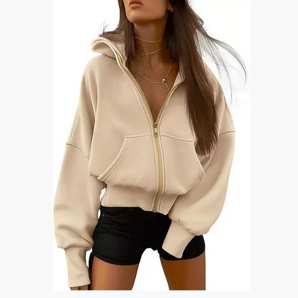 Women's Zipper Hooded Long-sleeved Short Sweatshirt Wool Hooded Jacket Fashion Autumn and Winter Clothes
