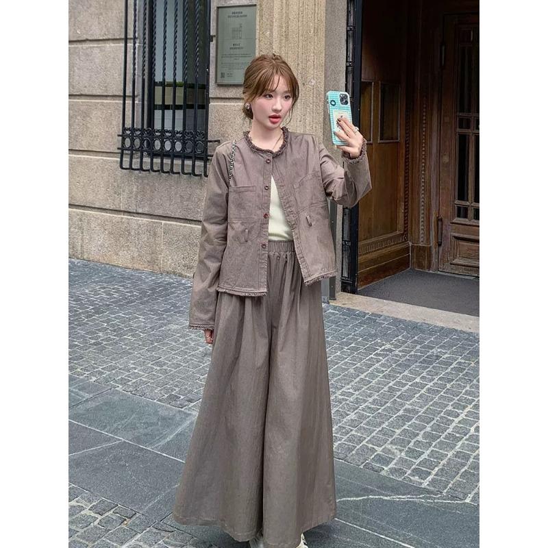 

Ретро топ с кисточками прямые широкие брюки комплект из двух предметов для женщин ранняя весна и осень новый повседневный костюм с юбкой XL