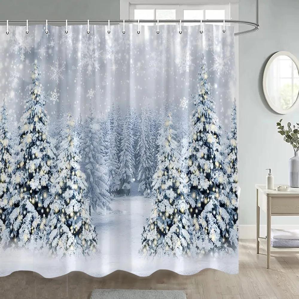 Zima Vánoce Sprchový závěs Legrační sněhulák Xmas Trees Krbové auto Lesní Snowy Scéna Nový rok Holiday Home Dekorace koupelny