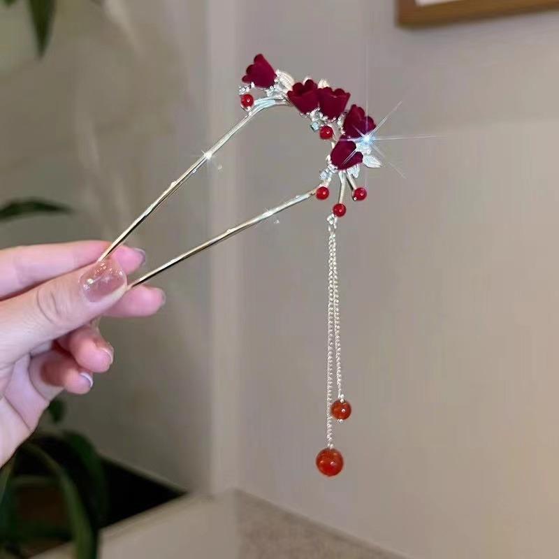 Red Camellia Tassel Hair Clips for Bridal Updo or Evening Gown