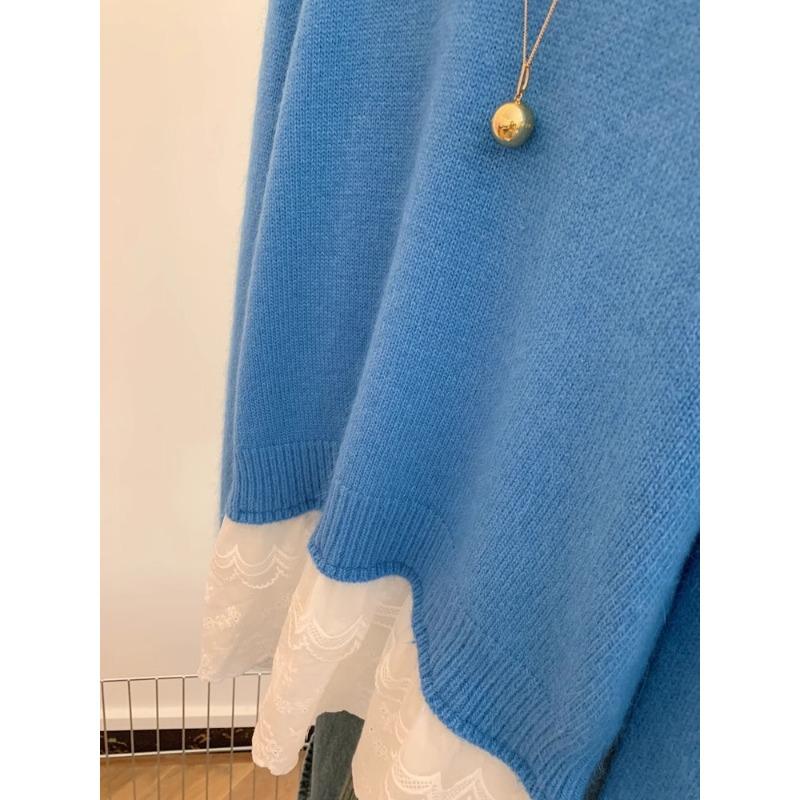 Jesień Zima Sweter Damski z Okrągłym Dekoltem, Koronkową Naszywką, Luźny, Casualowy, Imitujący Dwie Części, Dzianinowy Pulower Top