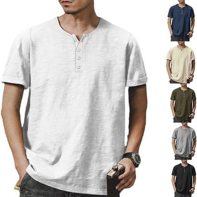 Heavyweight Bamboo Henry Collar Men's T-shirt Short-sleeved Summer Casual American Big Size Solid Colour Men's Button Up Tops
