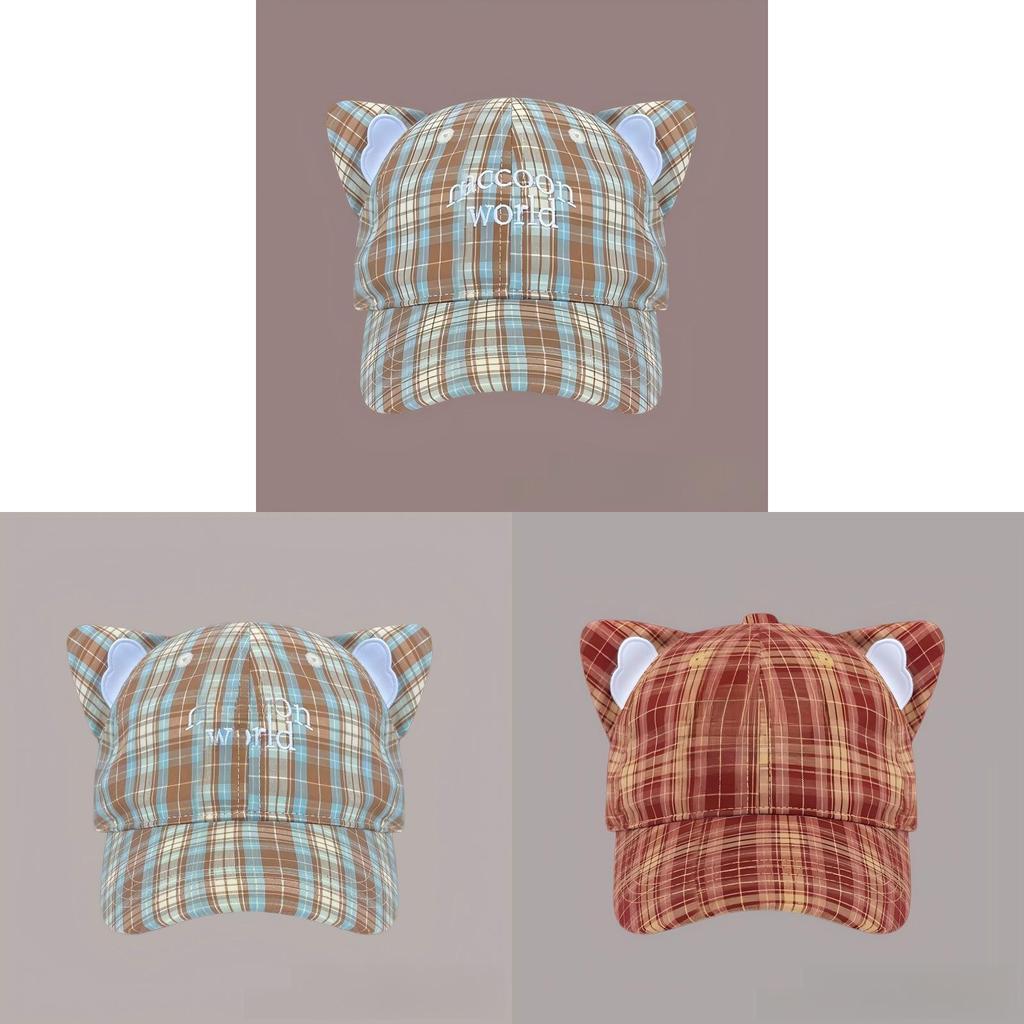 Cotton Checkered Cat Ear Embroidered Baseball Cap With Sun Protection For Women