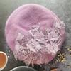 Fashion Hat Purple Pearl Embroidered Floral Wool Beret Pumpkin Hat for Women