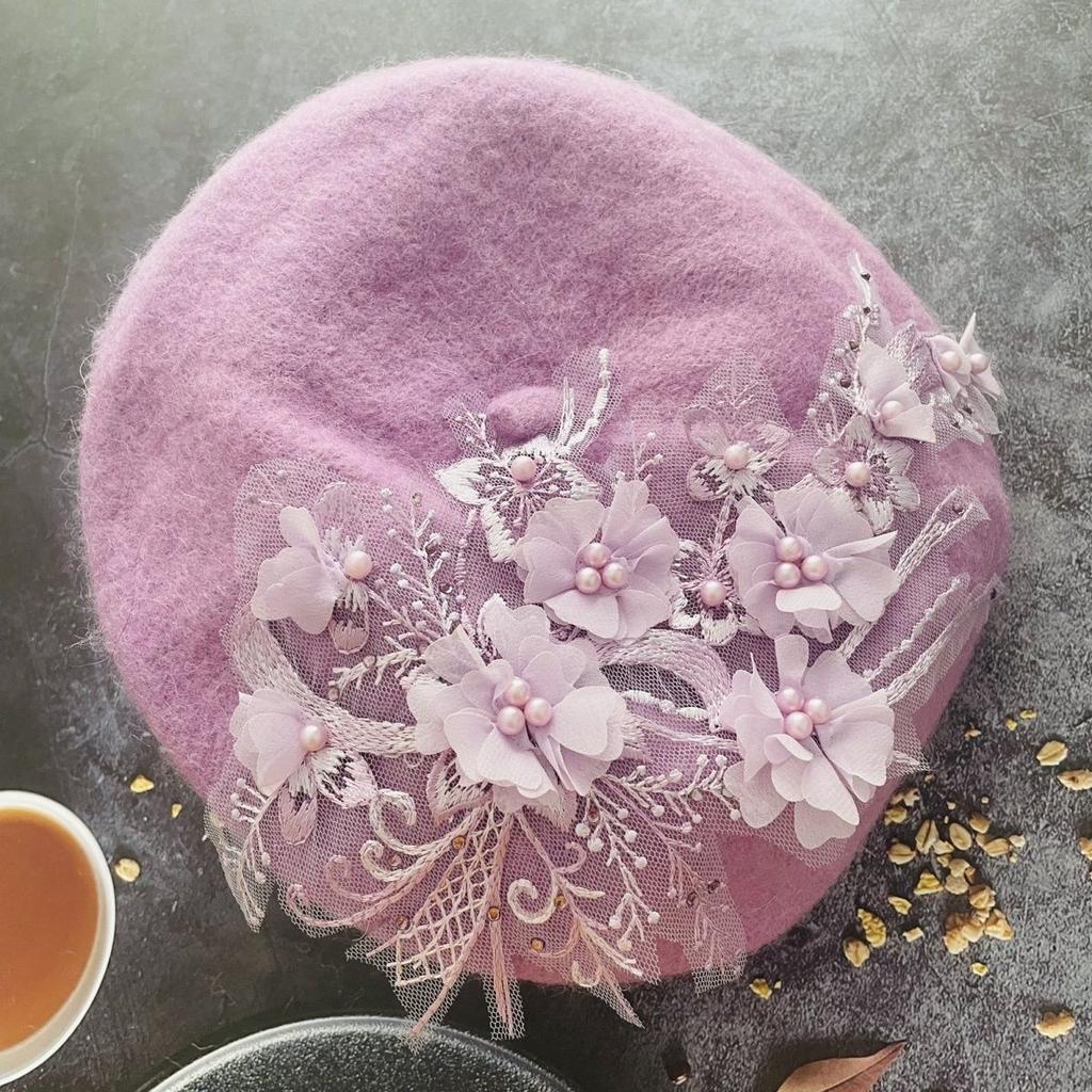 Fashion Hat Purple Pearl Embroidered Floral Wool Beret Pumpkin Hat for Women