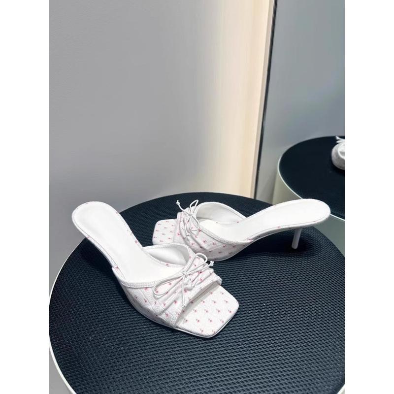 French Bow Floral High-heeled Sandals One-word Slippers Women's Outer Wear 2025 Summer New Stiletto Sandals