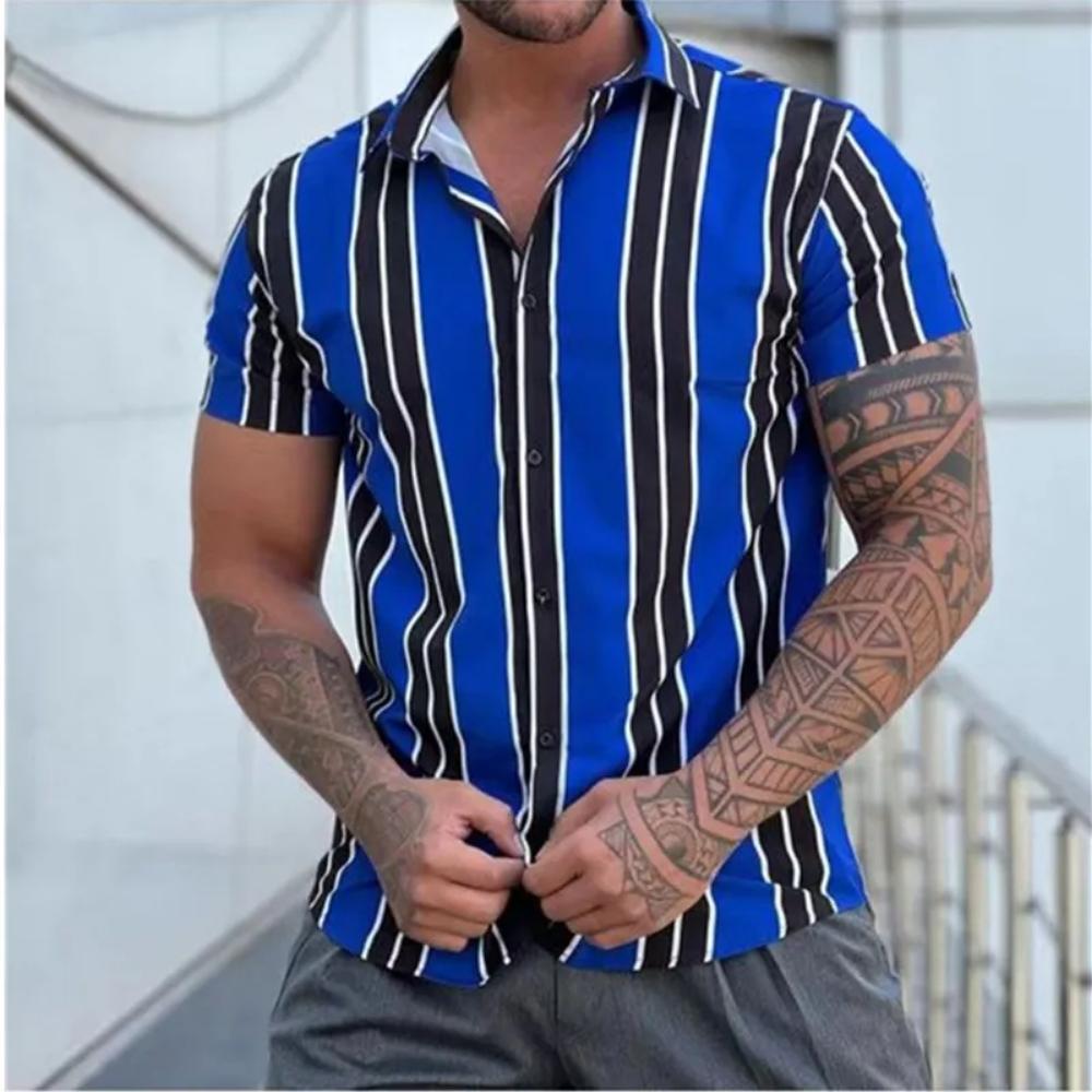 New Men's Striped Print Shirt, Casual Short Sleeve Turn-down Collar Summer Tops