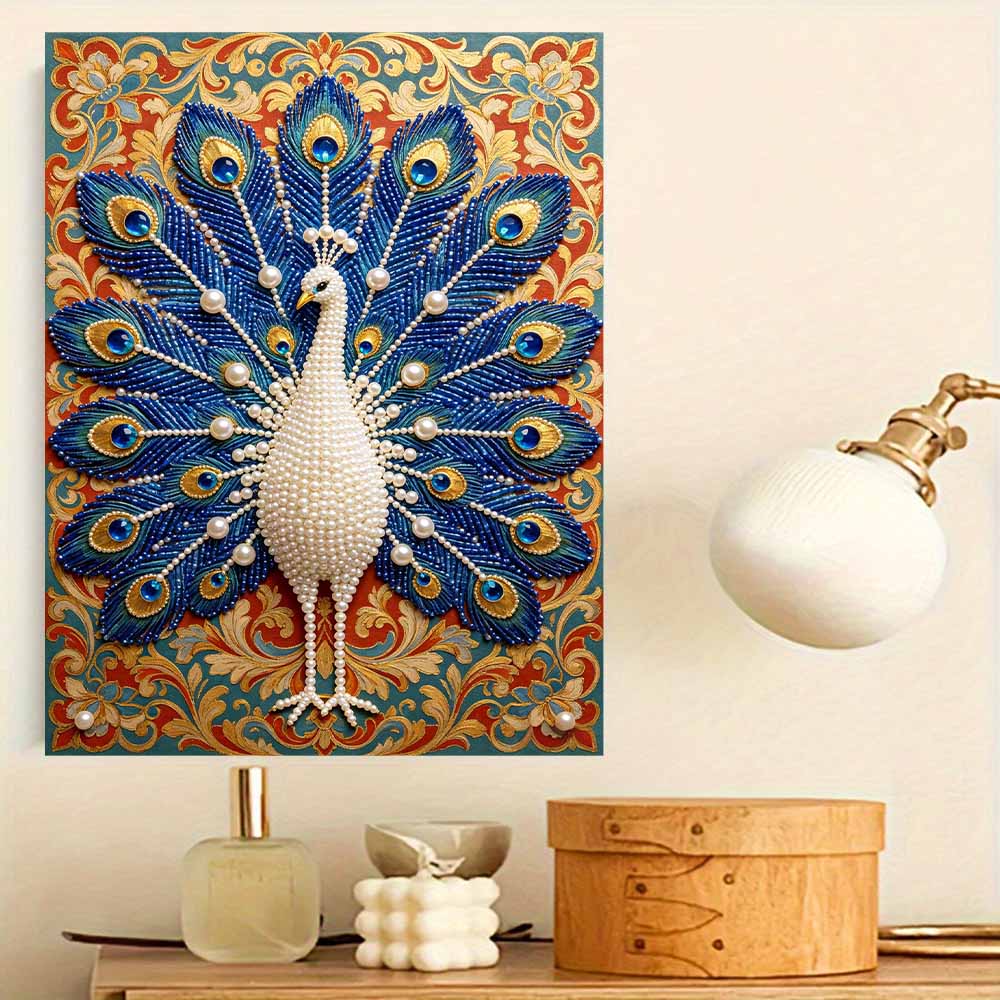 DIY Pearl Gem Elegant White Peacock Shining Bead Craft Art Home Wall Ornament Simple Unframed Room Decoration Art Modern Exquisite Mural Decor
