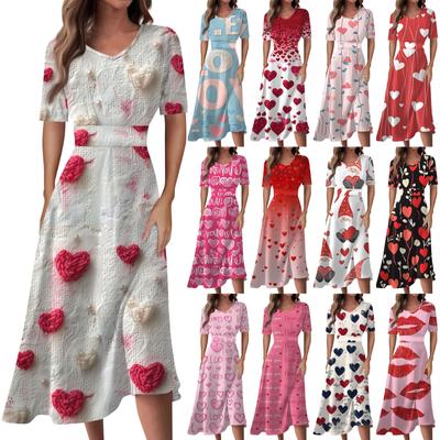 Ladies Casual Fashion Gradient Print V-Neck Short Sleeve Waist Long Swing Dress