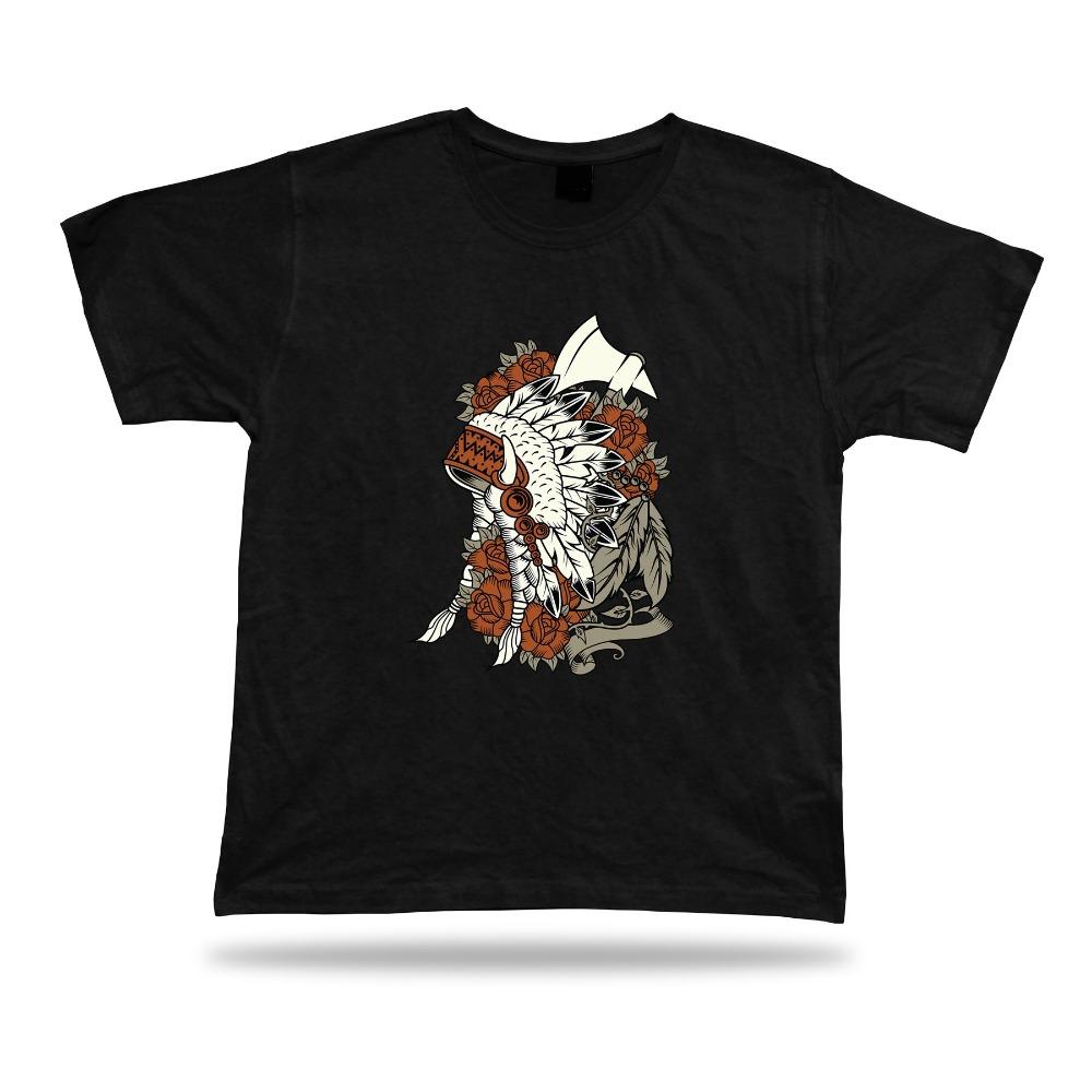 Indian Feathers Floral Axe T Shirt Modern Cool Design Unisex Tee Indigenous Culture Tshirt Men Crewneck Cotton Short Sleeve