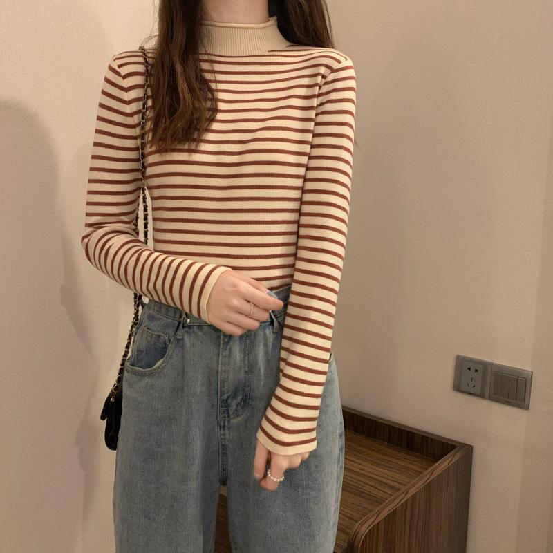 

Весенне-осенняя новая облегающая трикотажная базовая рубашка с полувысоким воротником и контрастными полосками с длинным рукавом One Size