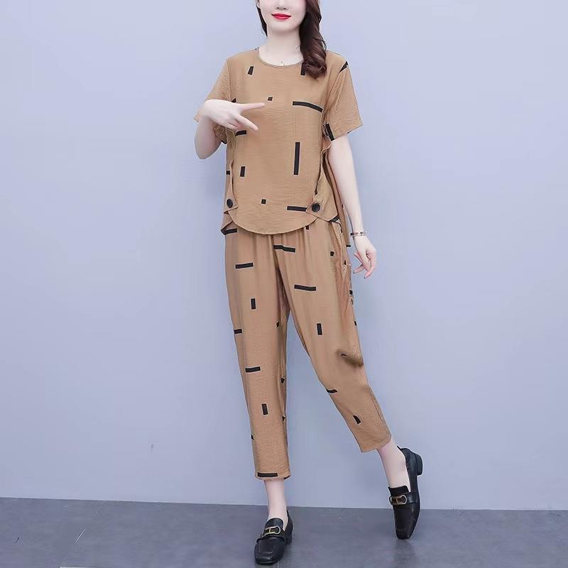 Large Size Casual Suit for Women In Summer for Fat Girls, Loose, Slim, Fashionable and Age-reducing Printed Two-piece Set for Women