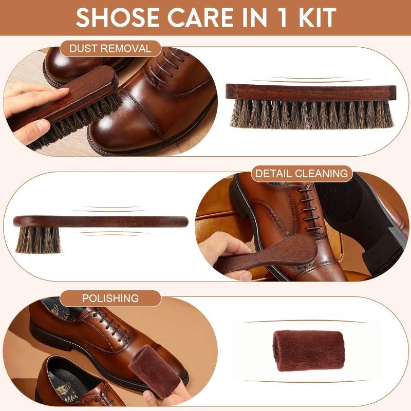 3pcs Horsehair Shoe Brush Kit for Leather Boots Suede Cleaning Polish and Shine with Microfiber Cloth Household Cleaning Tools