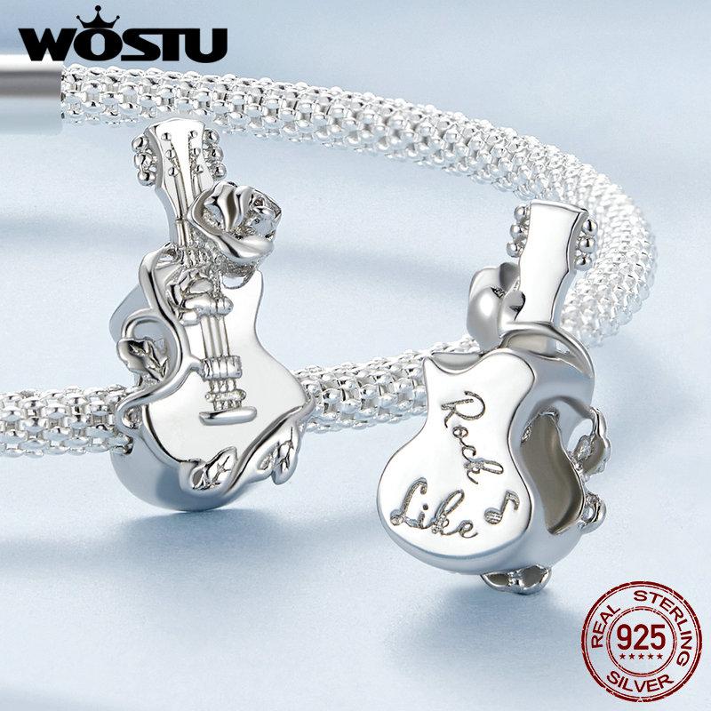 WOSTU 925 Sterling Silver Music Guitar Charms Beads Musical Note Pendant Fit Original Bracelet Necklace Women DIY Jewelry Making