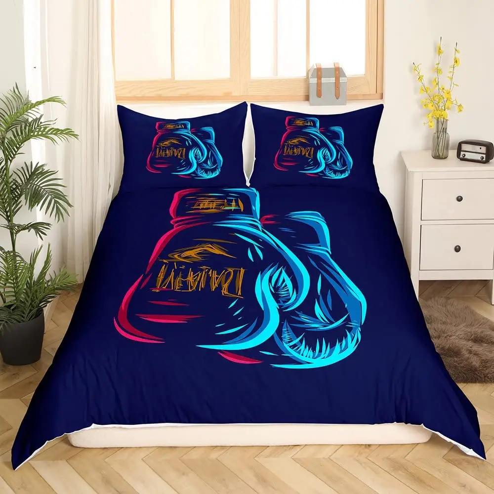 Adult Boxing Duvet Cover Sports Theme Bedding Set Boxing Gloves Duvet CoverBoxing Pattern Comforter Cover Queen Size