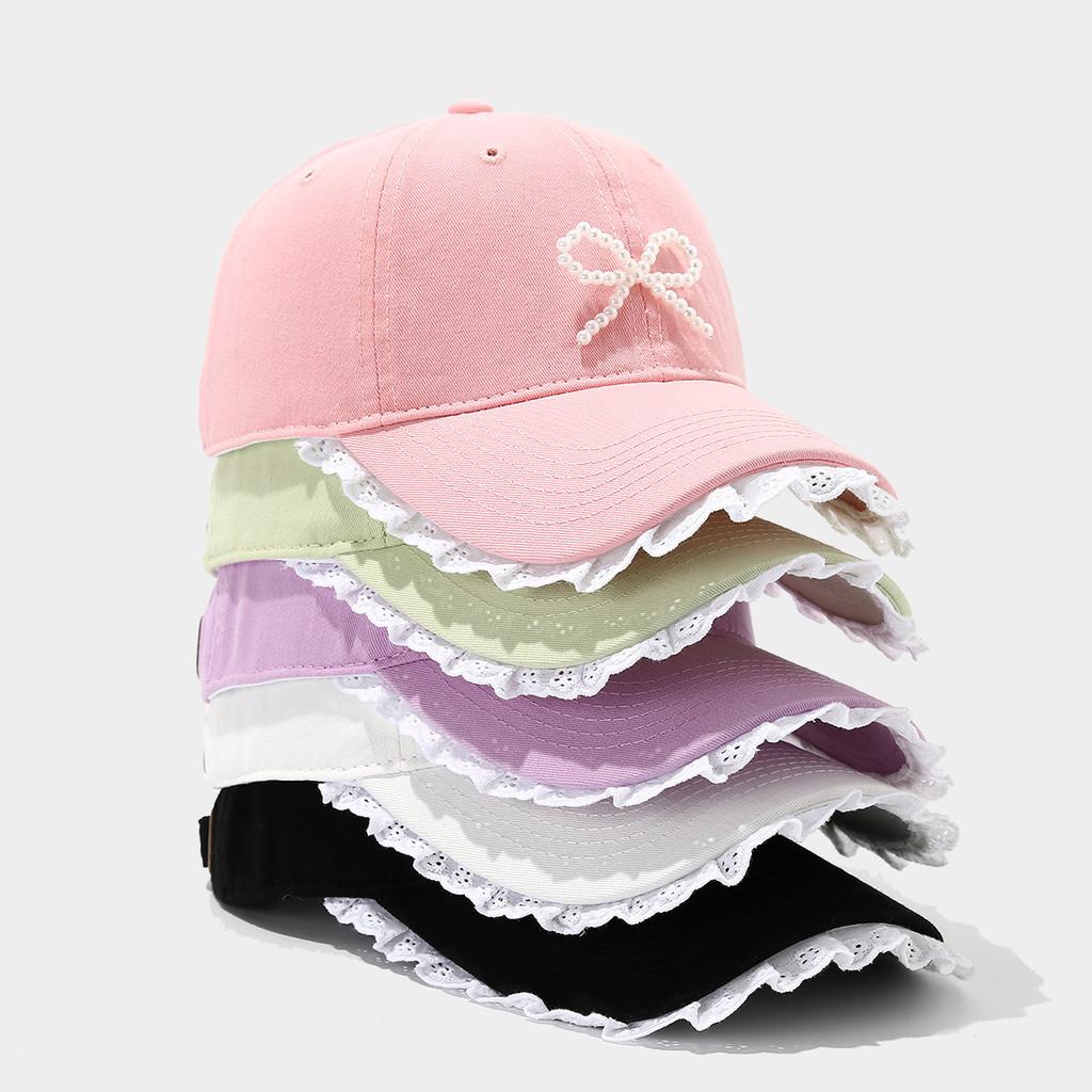 Street Style Baseball Cap With Lace Edge And Pearl Bow For Summer Sun Protection