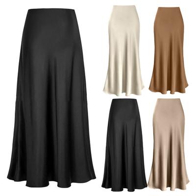 Women Elegant Faux Silk Satin Skirt High Waist Fishtail Skirt A-Line Solid Color Glossy Office Lady Skirt Workwear