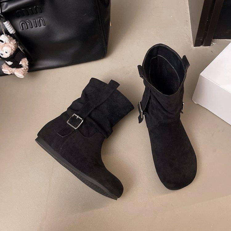 Korean Version of Round Head Handmade Pleated Stacking Boots Medium Tube Boots Women's New Sleeve Thin Thick Heel Western Cowboy Boots