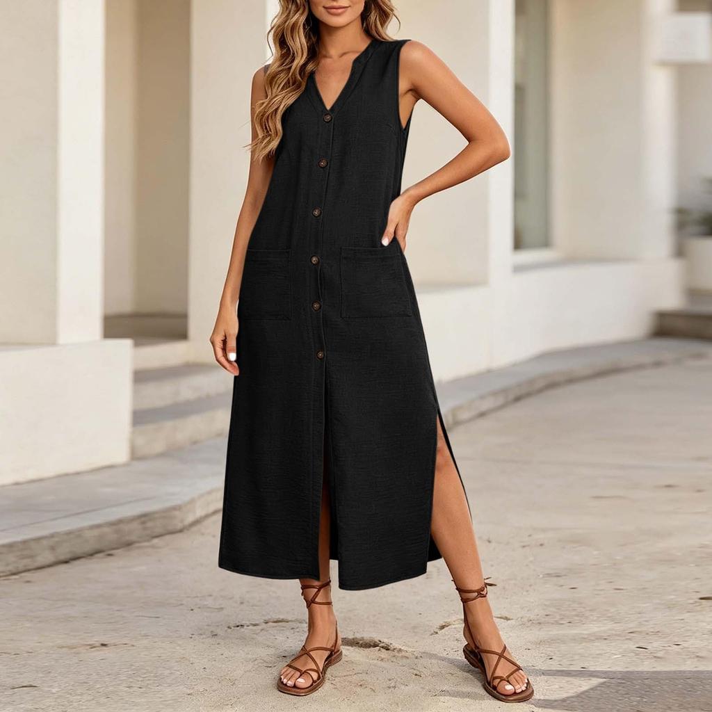 Sleeveless Button Front V Neck Long Casual Dress with Side Slits and Patch Pockets for Women Summer Everyday Wear