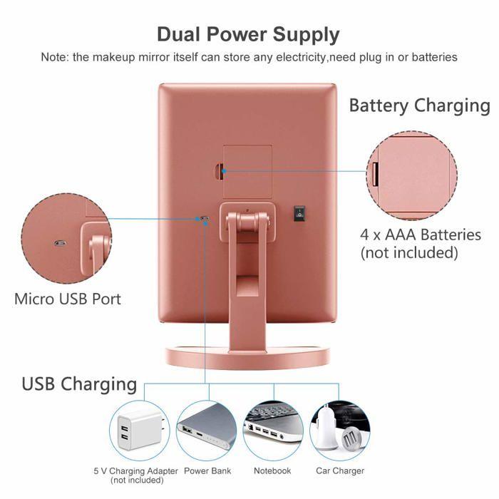 Miroir de poche - Weily - 217-R - Grossissant 2x/3x - Luminosité ajustable - Design portable