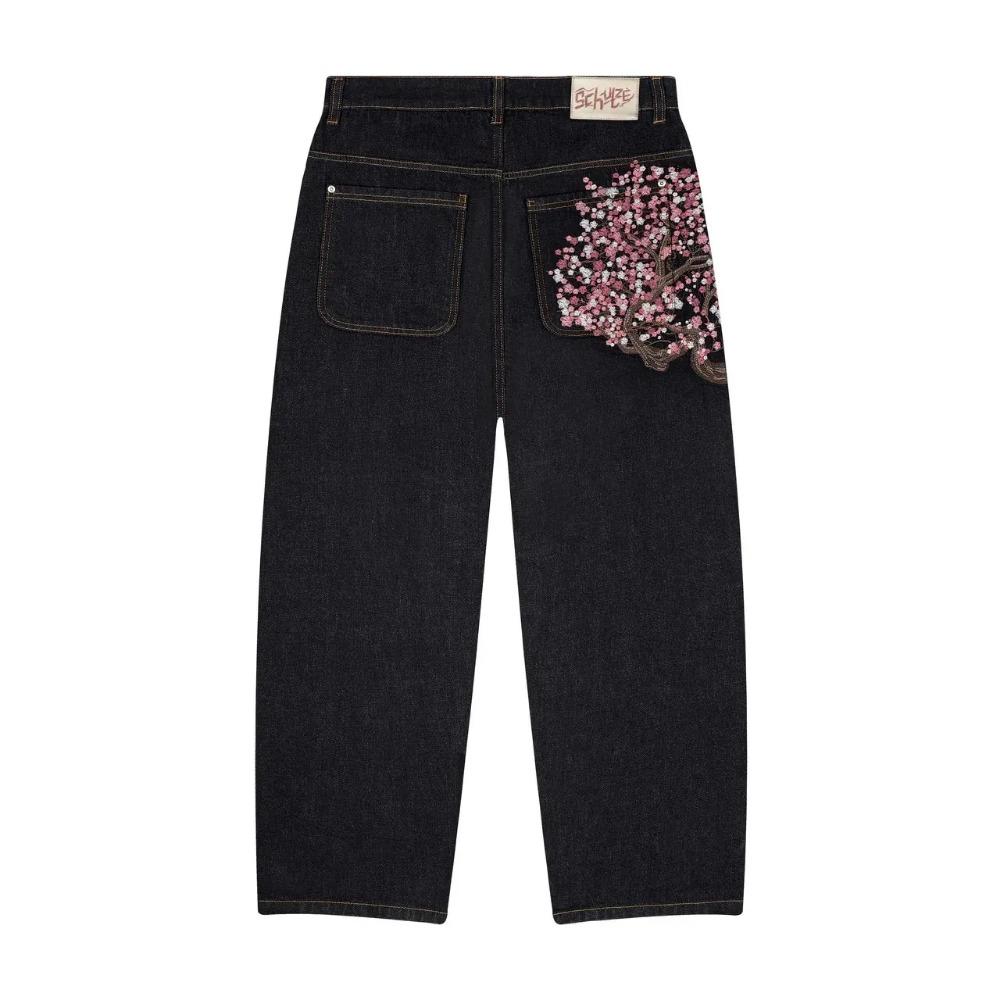 Kirsebærblomst Selvedge Broderi Denim Bukser Y2k Retro Casual Baggy Rett Vidde Ben Jeans Høy Kvalitet Hiphop Streetwear