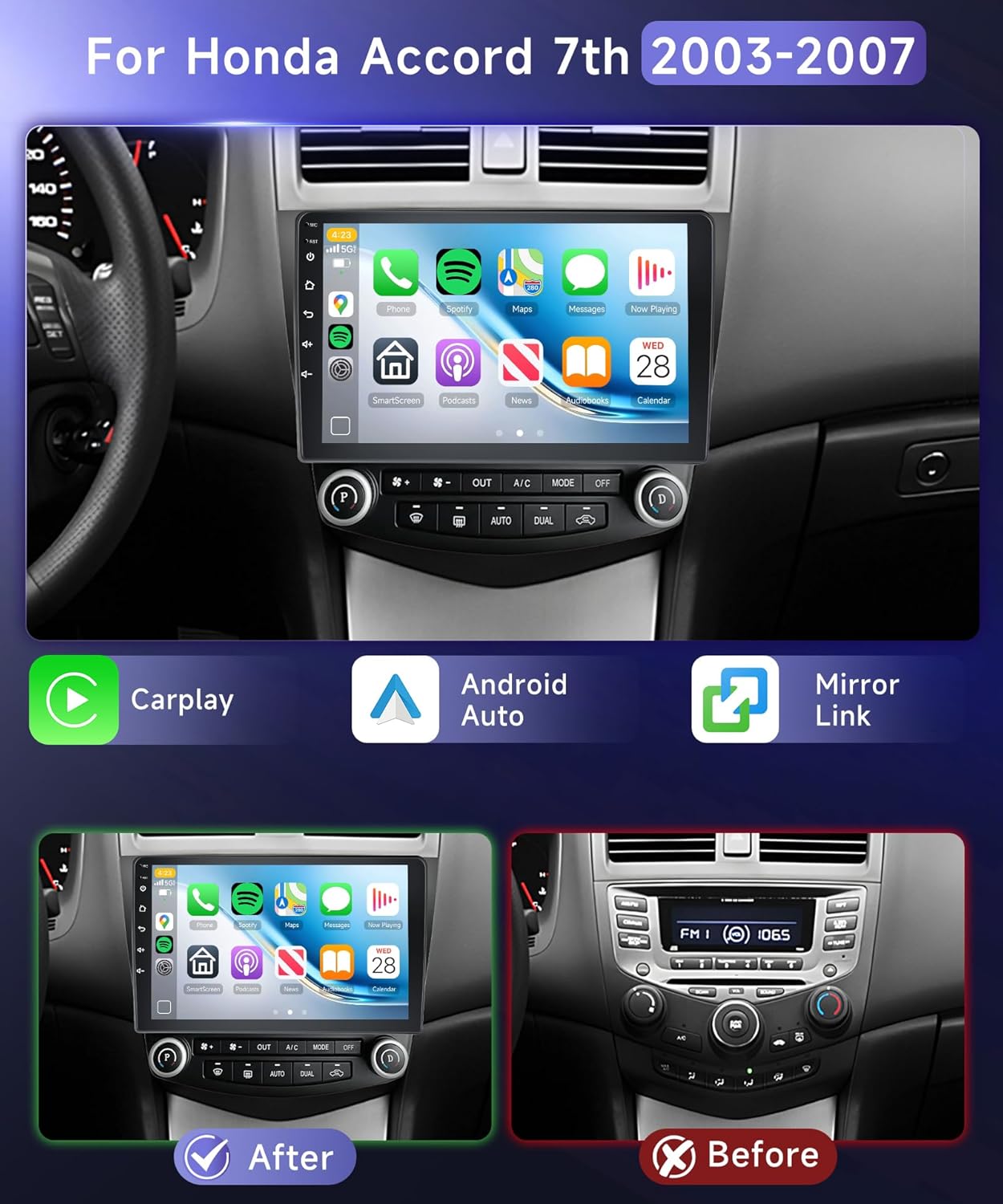 

4G+64G Honda Accord 7th 2003-2007 Car Radio with 1280x720 Touchscreen, Bluetooth 5.0, Wireless CarPlay, Android Auto, DSP 32EQ, 4Core 4G 64G