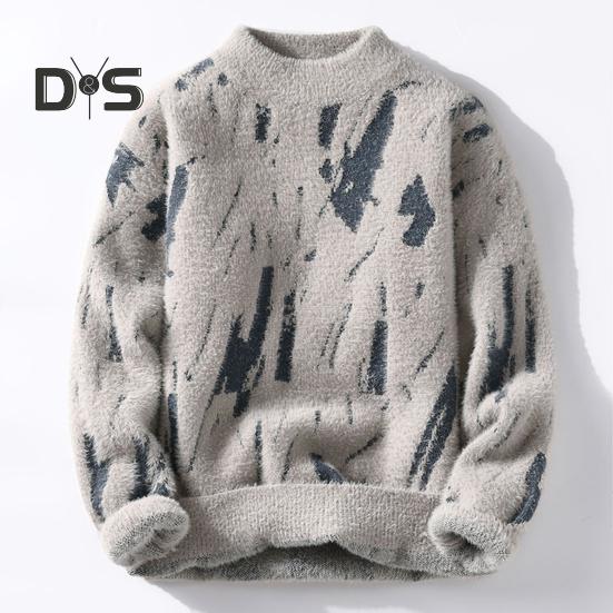 Men Winter Sweater Contrast Color Graffiti Thick Plush Half-high Collar Elastic Knit Long Sleeves Daily Wear School Dating Sweater