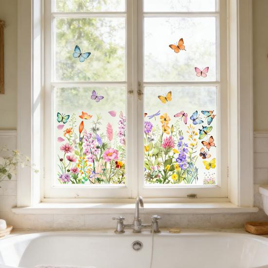 Naklejki Okienne Wiosna Lato Polne Kwiaty Motyl Kwiatowe Naklejki Okienne Samoprzylepne Naklejki PVC do Domu Imprezy Witryny Sklepowej Drzwi Szklane Dekoracja
