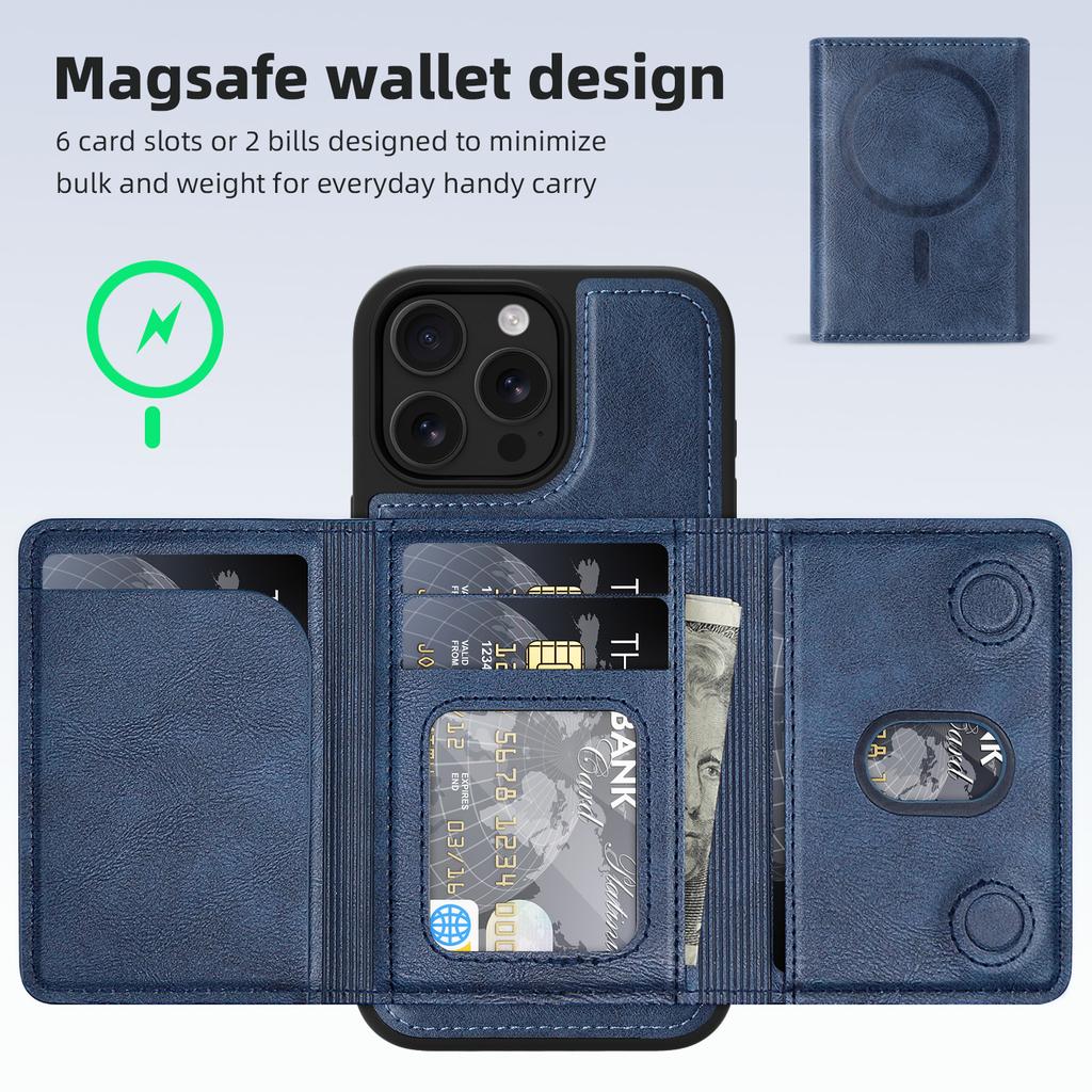 For iPhone 15 Pro Max Magnetic Case Leather Back Phone Cover with Detachable Card Bag