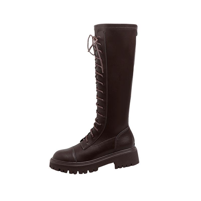Leather platform-soled Martin boots lace-up knight boots British style heightening boots lace-up round head platform women's boots